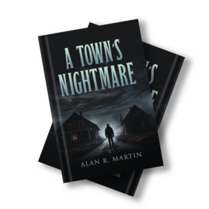 A spooky town scene at night with eerie lighting and fog, created by Alan R Martin.